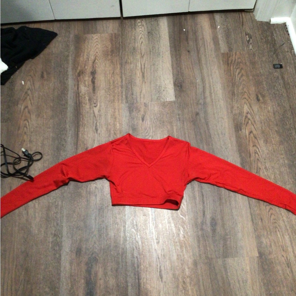 Varsity Red Crop Top Crew Neck Long Sleeve